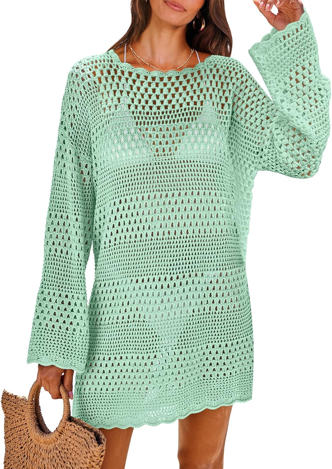 Women's Crochet Cover-Up Mini Dress - Long Sleeve Mesh Knit with Scalloped Hem for Beach and Resort Wear - Large