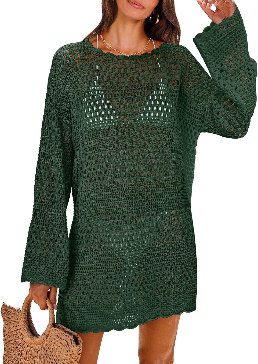 Women's Crochet Cover-Up Mini Dress - Long Sleeve Mesh Knit with Scalloped Hem for Beach and Resort Wear - Medium