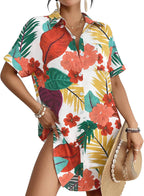 Women's Button Down Beach Shirt Dress - Relaxed Cover-Up in Stripes, Jacquard and Solids for Vacations - Hot Pink (30)