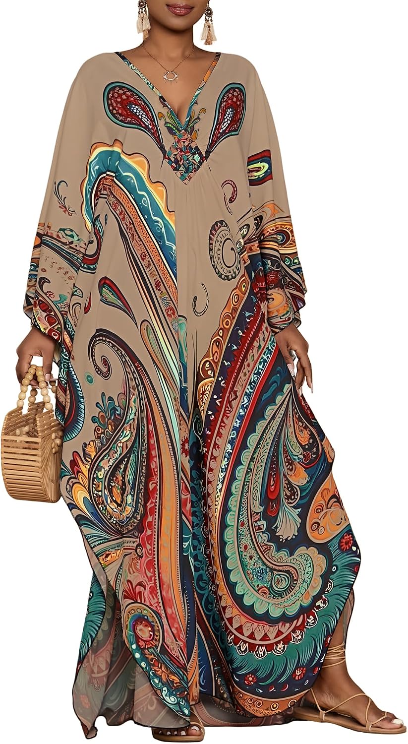 Women's Paisley Kaftan Dress - Batwing Sleeves, Deep V-Neck and Side Pockets for Beach and Resort Days - Light Khaki