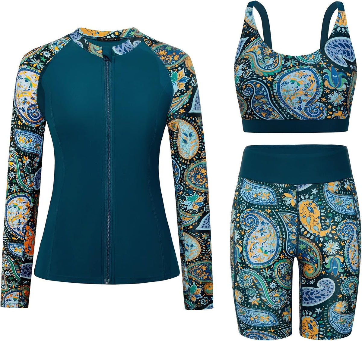 Women's Long Sleeve Rash Guard Set - Swim Shirt with Matching Shorts and Two Pockets for Beach and Pool - Green Coconut 