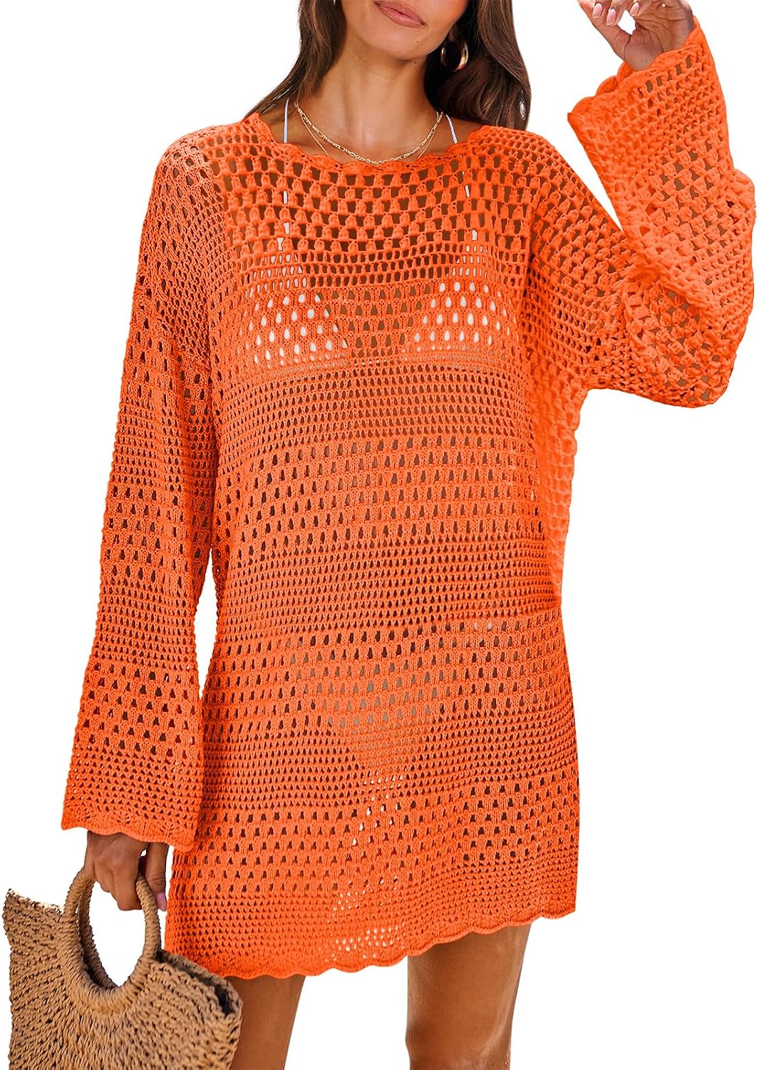 Women's Crochet Cover-Up Mini Dress - Long Sleeve Mesh Knit with Scalloped Hem for Beach and Resort Wear - Small