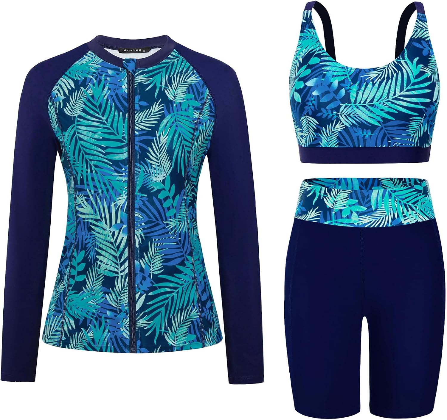 Women's Long Sleeve Rash Guard Set - Swim Shirt with Matching Shorts and Two Pockets for Beach and Pool - Lake Green Pai