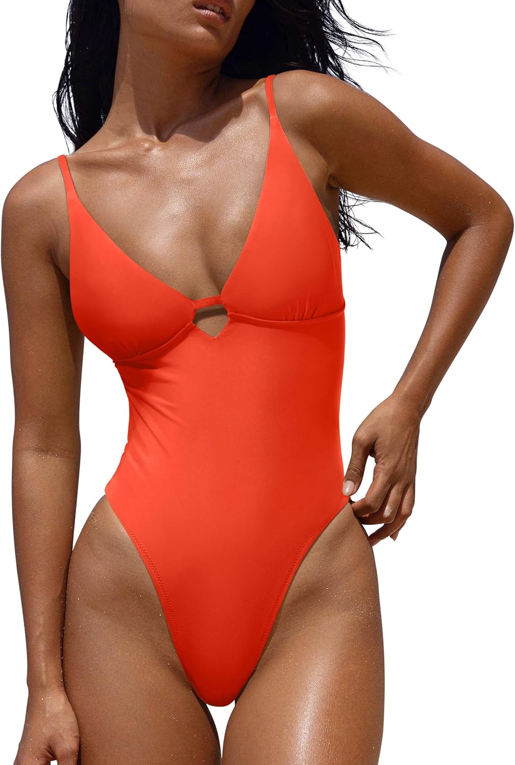Women's V-Neck One Piece Swimsuit - Crisscross Low Back with Adjustable Straps and Removable Soft Cups - Small