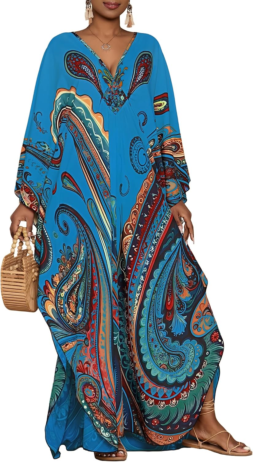 Women's Paisley Kaftan Dress - Batwing Sleeves, Deep V-Neck and Side Pockets for Beach and Resort Days - Red
